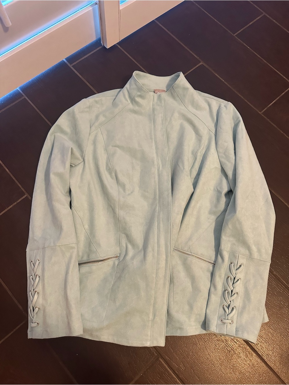 Chico's Pale Blue Suede-Look Lace-Up Cuff Jacket